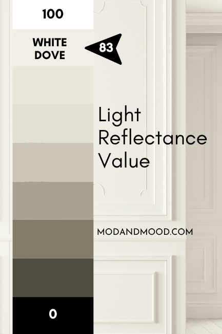 Benjamin Moore White Dove LRV plotted at 84 on a scale of 0 (black) to 100 (White) with shades of gray/brown color in between
