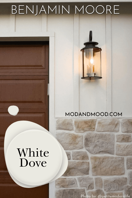 Swatch of Benjamin Moore White Dove over a photo of the color on an exterior.