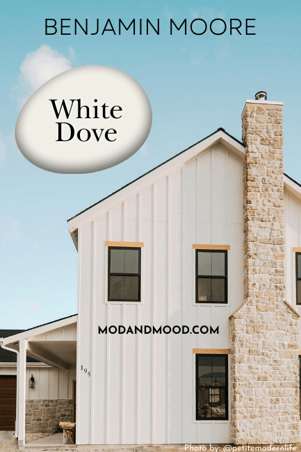 Swatch of Benjamin Moore White Dove over a photo of the color on an exterior.