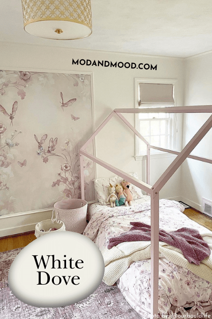 Swatch of White Dove over a photo of the color on bedroom walls.