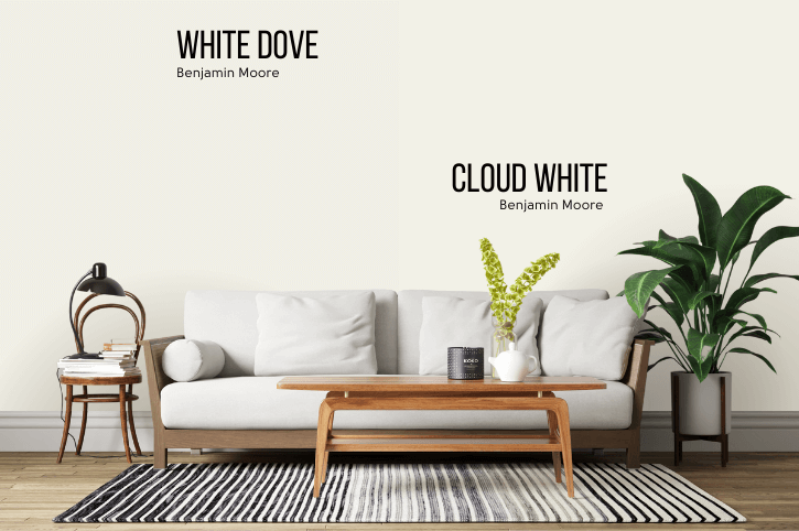 Benjamin Moore White Dove on half of a living room wall with the other half in Benjamin Moore Cloud White
