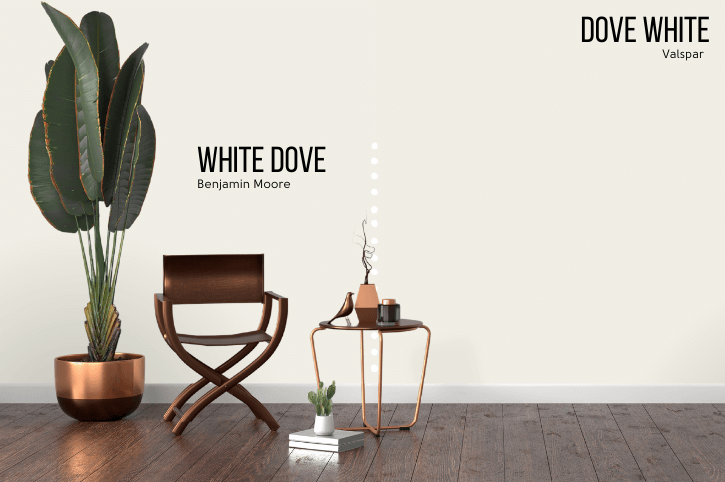 Benjamin Moore White Dove on half of a living room wall with the other half in Valspar Dove White