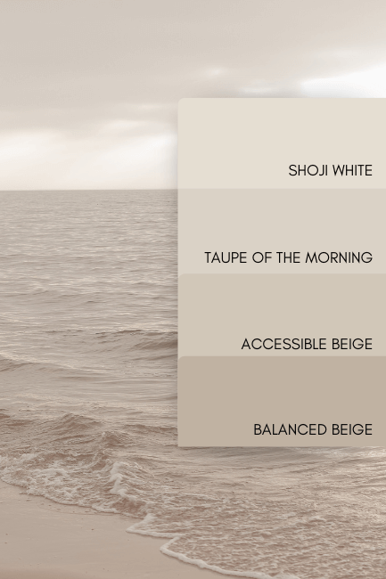 A light to dark color strip of lighter and darker alternatives to Accessible Beige. Features lightest: Shoji White, then Taupe of the Morning, Accessible Beige, and finally balanced beige as the darkest color. background is a sandy monochromatic beach scene in muted beige tones