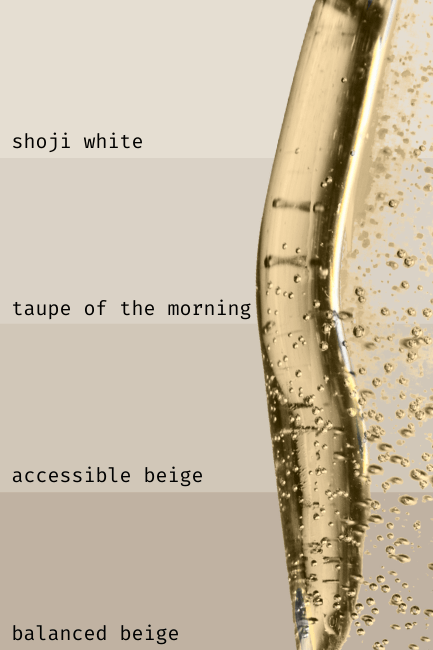 A light to dark color strip of lighter and darker alternatives to Accessible Beige. Features lightest: Shoji White, then Taupe of the Morning, Accessible Beige, and finally balanced beige as the darkest color. A champagne flute is in the foreground.