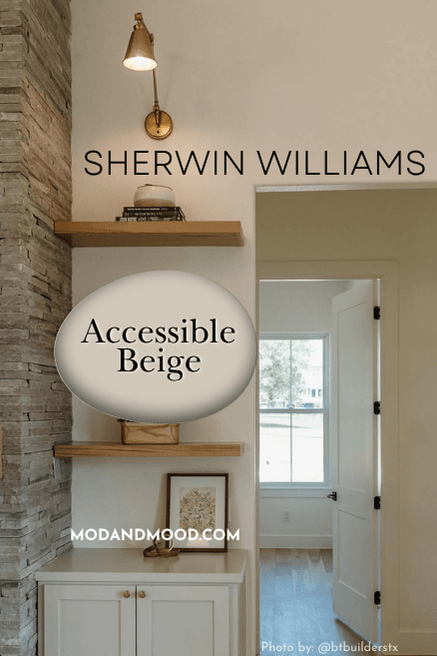 Sherwin Williams Accessible Beige on cabinets with Westhighland white walls in a living room with a swatch of accessible beige over top.