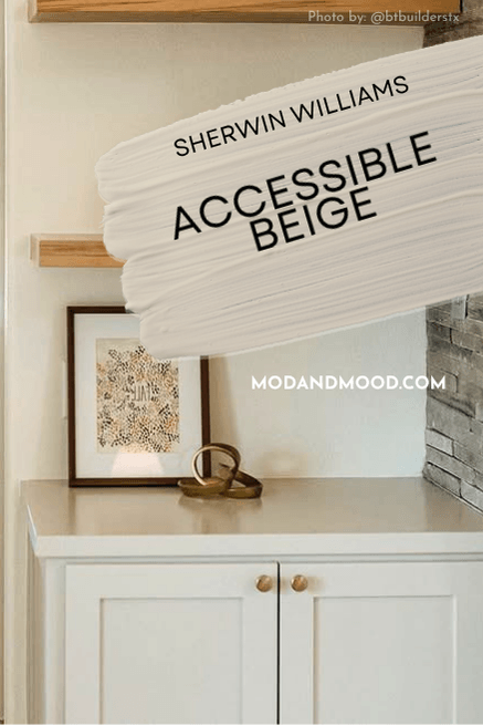 Swatch of Sherwin Williams Accessible Beige over a photo of the color on cabinets with Westhighland White walls.