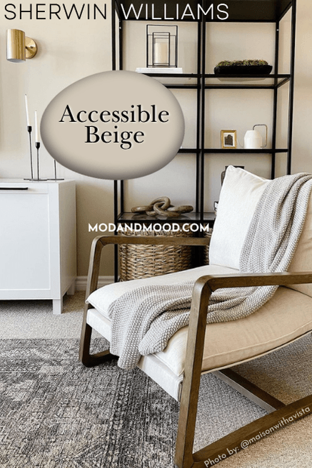 swatch of accessible beige over a photo of the color in a living room.