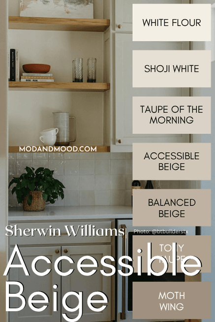 Sherwin Williams lighter color strip for Accessible beige. Colors from light to dark are white flour, shoji white, taupe of the morning, accessible beige, balanced beige, tony taupe, and moth wing.