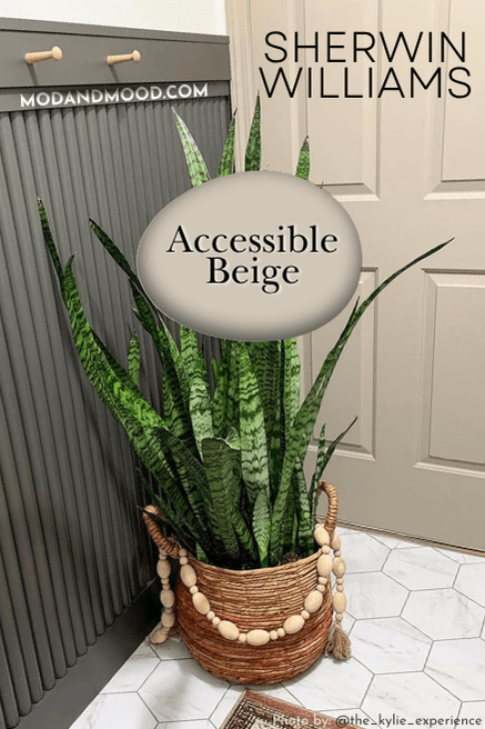 Swatch of Accessible beige over a photo of a door in the color with Urbane Bronze on beadboard.