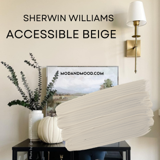 Swatch of Accessible Beige over a photo of the color on a living room wall