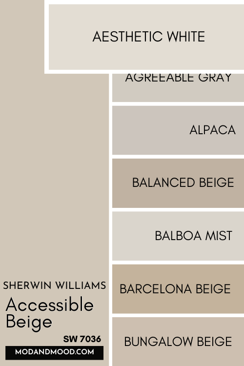 Color card of neutrals features Accessible Beige at the top and a pop out of Aesthetic White underneath