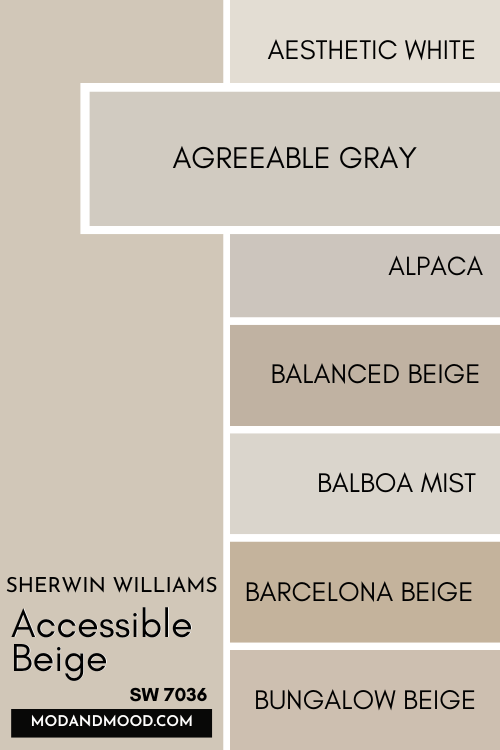 Color card of neutrals features Accessible Beige at the top and a pop out underneath of Agreeable Gray