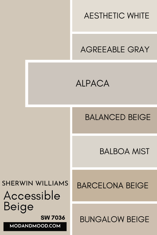Color card of neutrals features Accessible Beige at the top and a pop out underneath of Alpaca