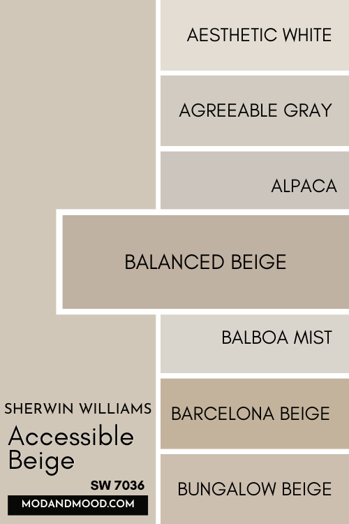 Color card of neutrals features Accessible Beige at the top and a pop out underneath of Balanced Beige