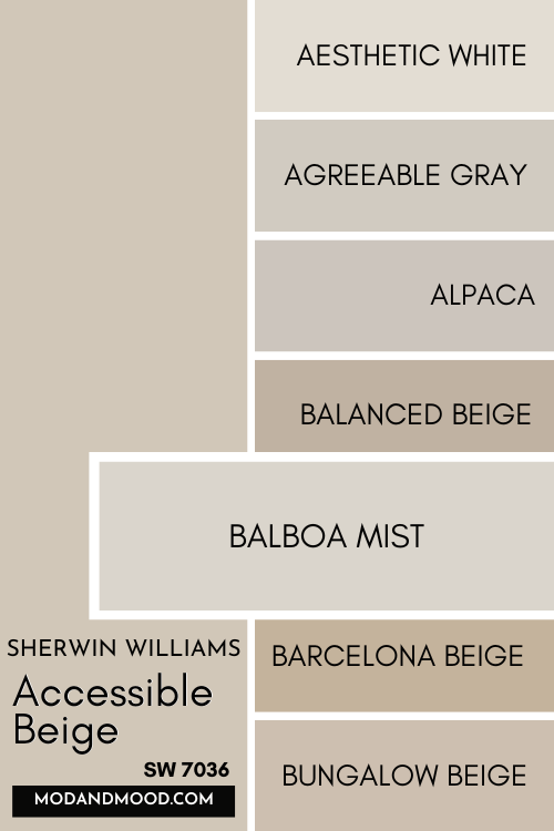 Color card of neutrals features Accessible Beige at the top and a pop out underneath of Benjamin Moore Balboa Mist