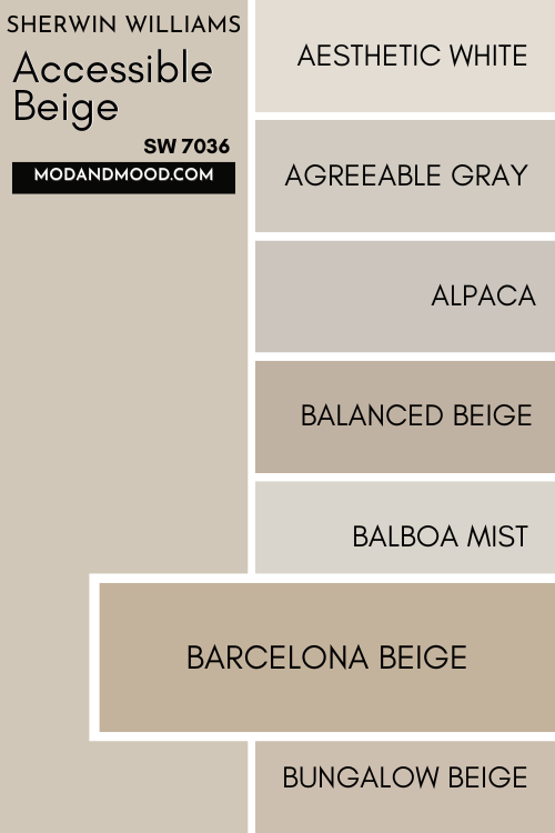 Color card of neutrals features Accessible Beige at the top and a pop out underneath of Barcelona Beige