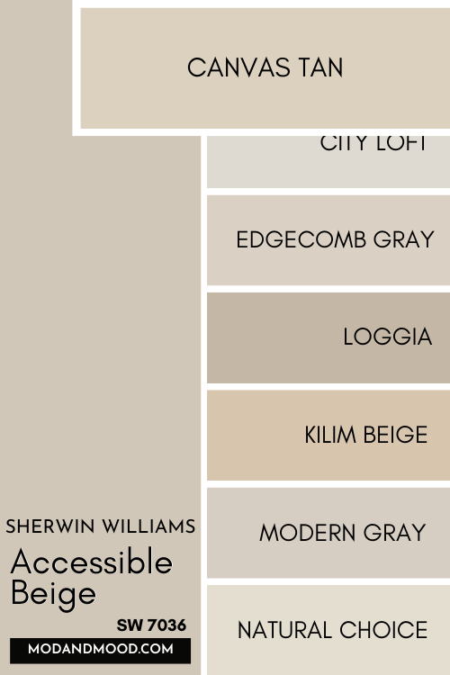 Color card of neutrals features Accessible Beige at the top and a pop out underneath of Canvas Tan