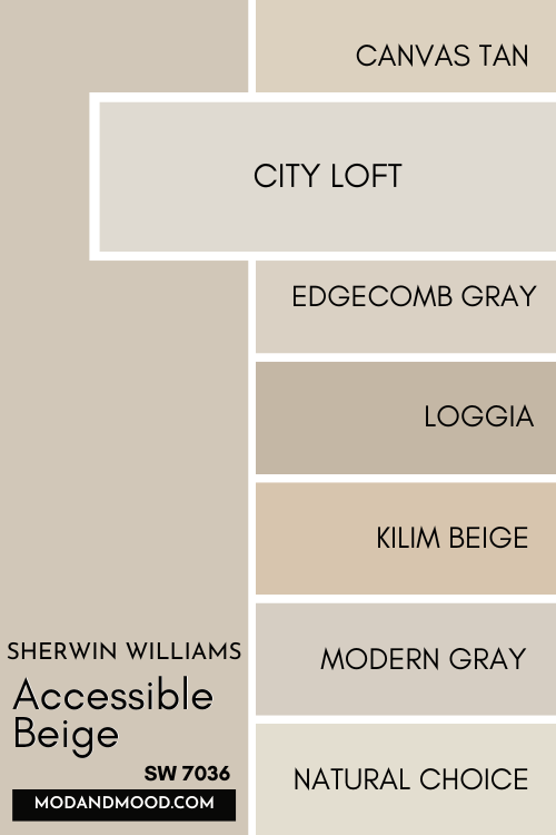 Color card of neutrals features Accessible Beige at the top and a pop out underneath of City Loft