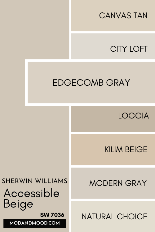 Color card of neutrals features Accessible Beige at the top and a pop out underneath of Benjamin Moore Edgecomb Gray