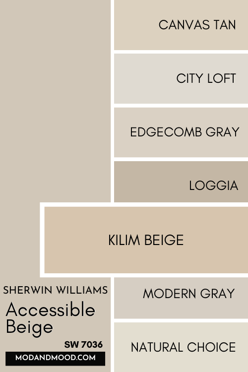 Color card of neutrals features Accessible Beige at the top and a pop out underneath of Kilim Beige