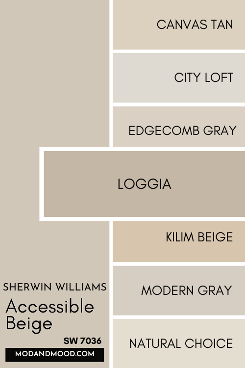 Color card of neutrals features Accessible Beige at the top and a pop out underneath of Loggia