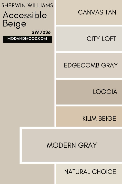 Color card of neutrals features Accessible Beige at the top and a pop out underneath of Modern Gray