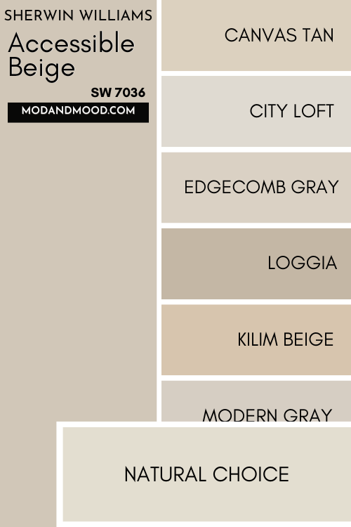 Color card of neutrals features Accessible Beige at the top and a pop out underneath of Natural Choice