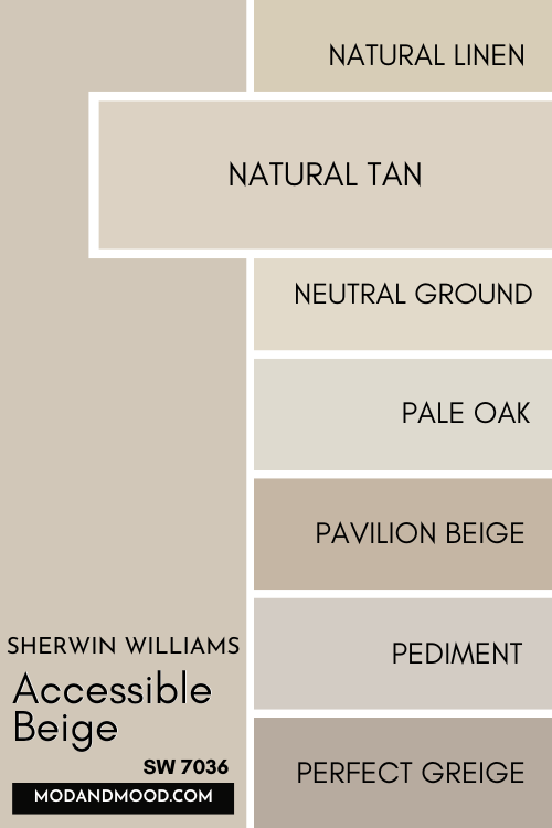 Color card of neutrals features Accessible Beige at the top and a pop out underneath of Natural Tan