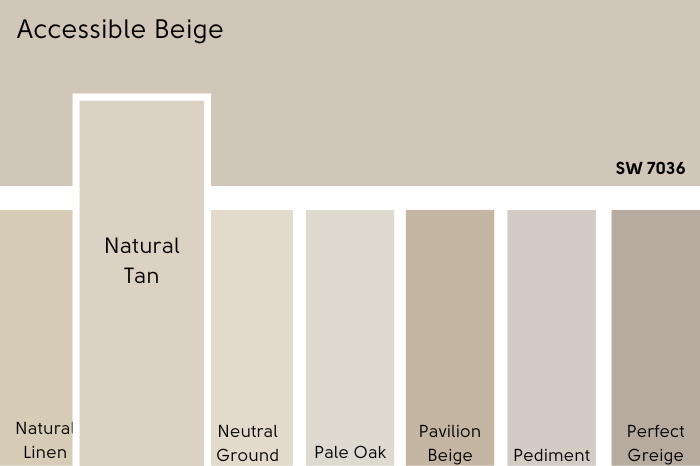 Color card of neutrals features Accessible Beige at the top and a pop out underneath of Natural Tan