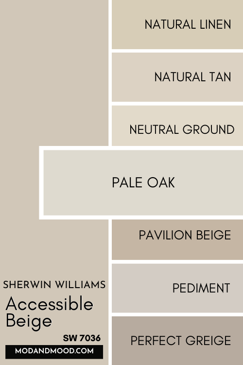 Color card of neutrals features Accessible Beige at the top and a pop out underneath of Benjamin Moore Pale Oak