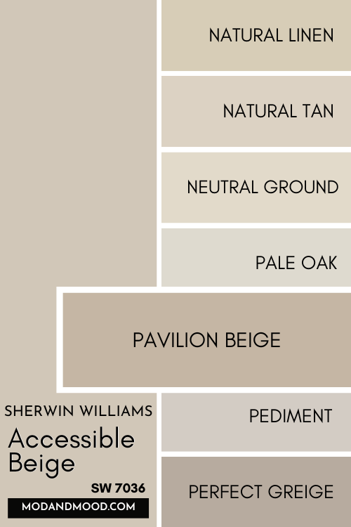 Color card of neutrals features Accessible Beige at the top and a pop out underneath of Pavilion Beige