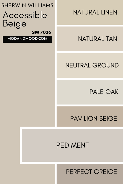 Color card of neutrals features Accessible Beige at the top and a pop out underneath of Pediment
