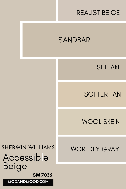 Color card of neutrals features Accessible Beige at the top and a pop out underneath of Sandbar