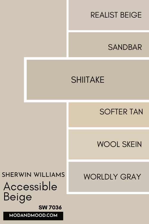 Color card of neutrals features Accessible Beige at the top and a pop out underneath of Shiitake