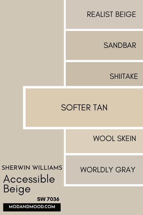 Color card of neutrals features Accessible Beige at the top and a pop out underneath of Softer Tan