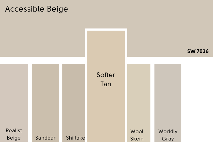 Color card of neutrals features Accessible Beige at the top and a pop out underneath of Softer Tan