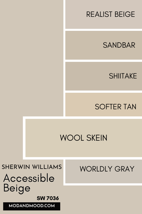 Color card of neutrals features Accessible Beige at the top and a pop out underneath of Wool Skein