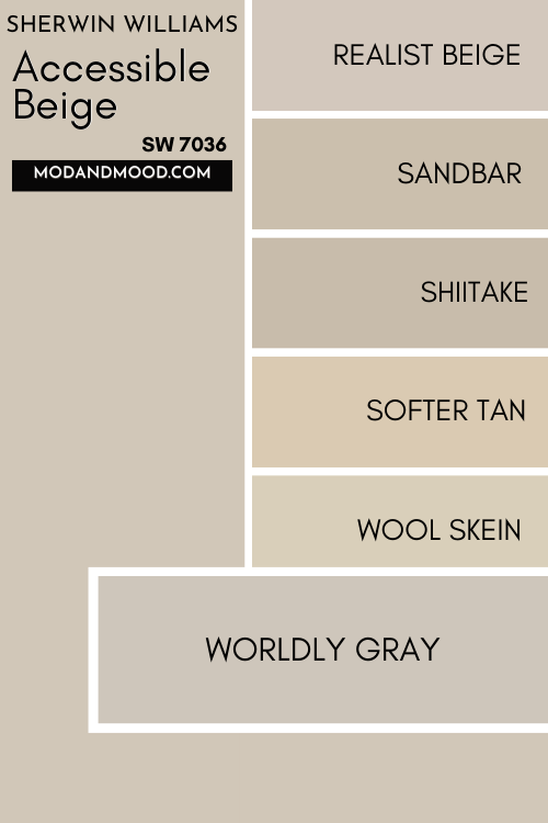 Color card of neutrals features Accessible Beige at the top and a pop out underneath of Worldly Gray