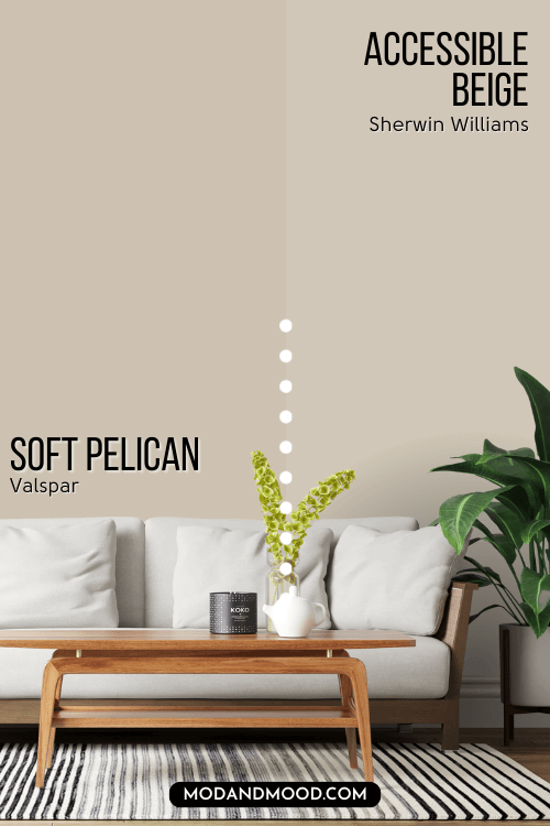 Soft Pelican - Valspar dupe for Accessible Beige on half of a wall behind a white sofa, and accessible beige on the other half