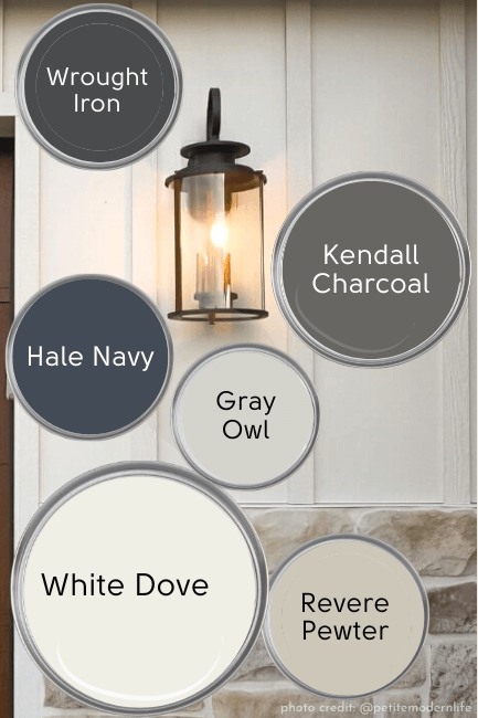 Benjamin Moore White Dove color palette, includes: Wrought Iron, Kendall Charcoal, Hale Navy, Gray Owl, Revere Pewter and of course White Dove all on paint lids over a background photo of a White Dove Exterior