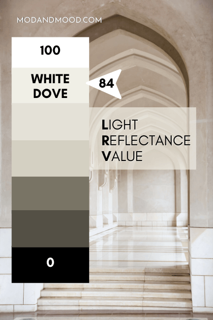 Benjamin Moore White Dove LRV plotted at 84 on a scale of 0 (black) to 100 (White) with shades of gray/brown color in between