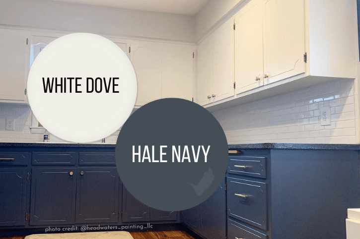 White Dove and Hale Navy together on kitchen cabinets with the colors swatched over top of the photos