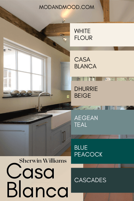 Casa Blanca Color palette features Casa Blanca, Cascades, White Flour, Aegean Teal, Blue Peacock, and Dhurrie Beige swatched over a photo of a kitchen in a cream paint color with blueish teal cabinets