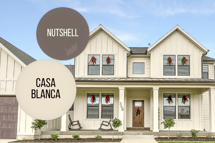 Sherwin Williams Casa Blanca inspired siding exterior with a paint dot of Casa Blanca over top and a paint dot of nutshell
