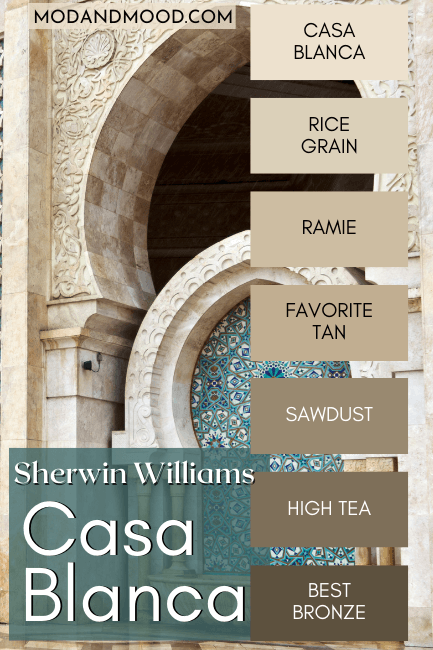 Casa Blanca added to the color strip that includes beige paint colors to dark brown, including: Rice Grain, Ramie, Favorite Tan, Sawdust, High Tea, and Best Bronze.