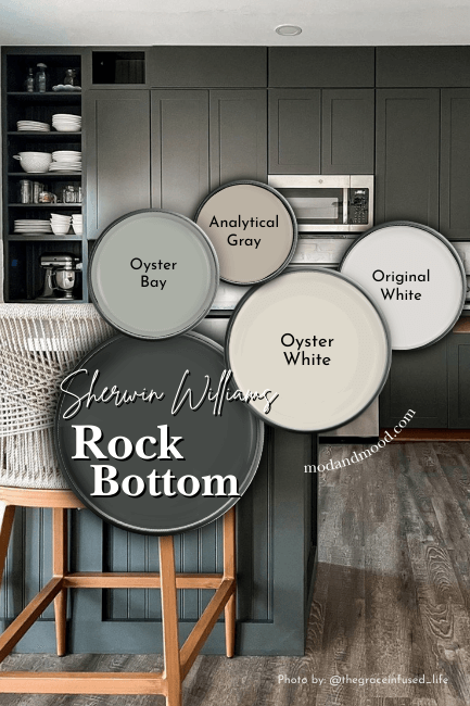 Sherwin Williams Rock Bottom color palette features Oyster White, Analytical Gray, Oyster Bay, Rock Bottom, and Original White over a background of the color on kitchen cabinets.