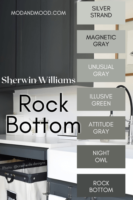 Sherwin Williams Rock Bottom Color strip includes other gray greens from Silver Strand, to Rock Bottom with Night Owl, Attitude Gray, Illusive Green, Unusual Gray, and Magnetic Gray in between, over a photo of the color on laundry room cabinets.