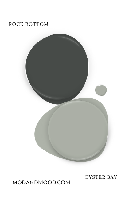 Paint swatch of Rock Bottom beside the same of Coordinating color Oyster Bay