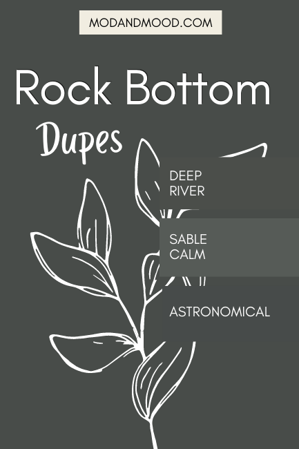 Rock bottom background with three dupes. Dupes swatched are Astronomical, Deep River, and Sable Calm. A leafy sketch sits behind.