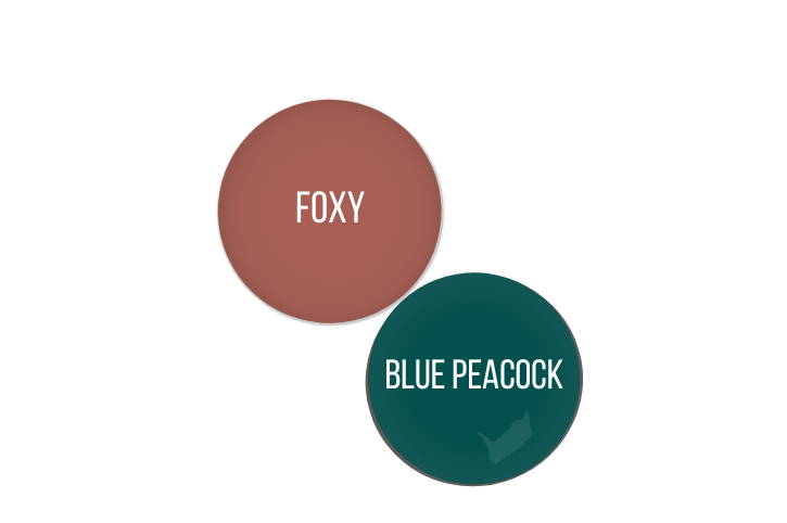 Paint dot of Sherwin Williams Blue Peacock with suggested coordintating color Foxy.